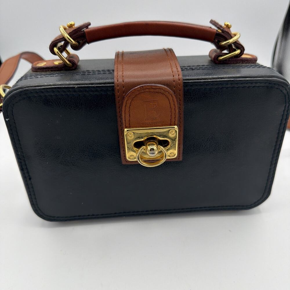 Women's Shoulder Handbag Blue Brown Box Leather Strap Equestrian VTG Money